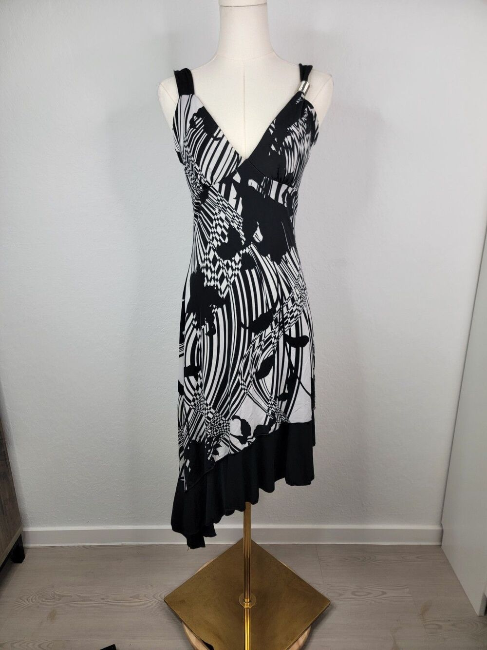 Vtg Y2K 90s Gidani Babydoll Slip Dress Approx M Black White Asymmetric Hem
